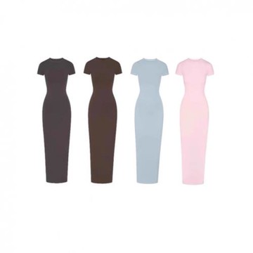 SKIMS卡戴珊NEW VINTAGE Long DRESS開叉螺紋包臀連衣裙短袖長裙