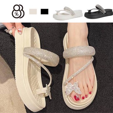 【88%】拖鞋 懶人鞋 水鑽蝴蝶細帶裝飾皮質鞋面套趾厚底5cm涼拖鞋