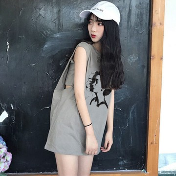 夏季 韓系 中長款 假兩件無袖t卹女 寬鬆復古美式背心 外穿甜辣吊帶上衣 學院風 純棉t恤 短袖t恤 寬鬆t恤 大尺碼