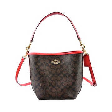 COACH CITY系列深咖啡C Logo PVC紅邊肩背/斜背兩用水桶包