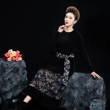 歐美中長款打底裙拼接羊絨蠶絲