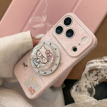 拼貼風卡通磁吸支架iphone17pm手機殼18蘋果16適用13閃粉貓咪軟15