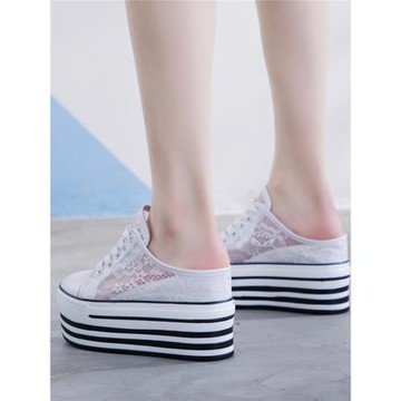 厚底透氣半拖鞋增高無后跟蕾絲