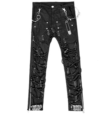 美式復古 眾暗黑潮流 重金屬綁帶 拉鏈黑色休閒褲