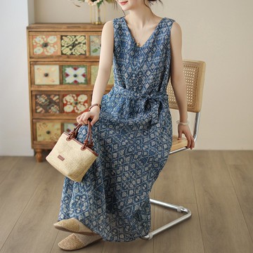 【ACheter】文藝溫婉棉麻印花茶歇V領背心連身裙長洋裝# 125116