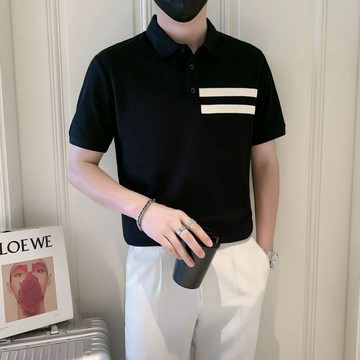 黑白撞色POLO衫短袖男士痞帥條紋翻領t恤潮牌夏季高級感修身半袖條紋翻領t恤POLO衫 8C