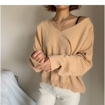 特價*2款多色現貨秒出售完不再♥️實拍【JinG】一字領/V領露肩毛衣 前短後長寬素T 短版長袖上衣