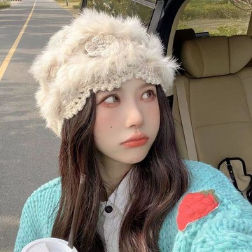 【蜜糖の 帽子】臺灣出貨秋冬保暖手工鉤針兔毛皮草針織毛線帽子女韓版可愛鏤空花朵包頭帽