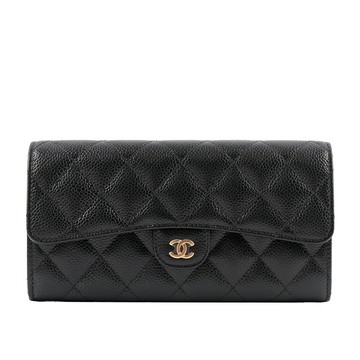 CHANEL 金色CC Logo荔枝皮二折壓釦長夾(黑色)