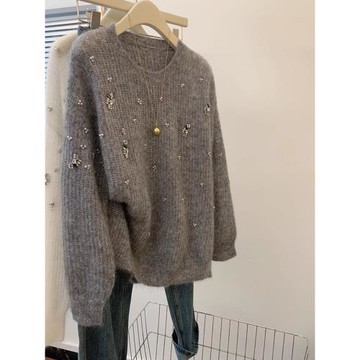 輕奢重工釘珠設計感小衫針織衫秋季小眾套頭長袖毛衣舒適百搭上衣