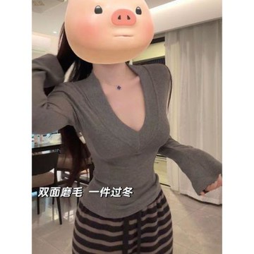 純欲風辣妹灰色德絨V領打底衫女秋冬季內搭修身顯瘦收腰長袖上衣