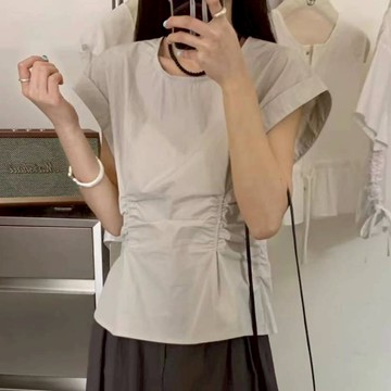 平價衣著 附發票 收腰褶皺修身上衣 抓皺造型圓領上衣 側收腰顯腰線短袖上衣 顯瘦上衣 無袖襯衫 短袖t恤 韓系衣服