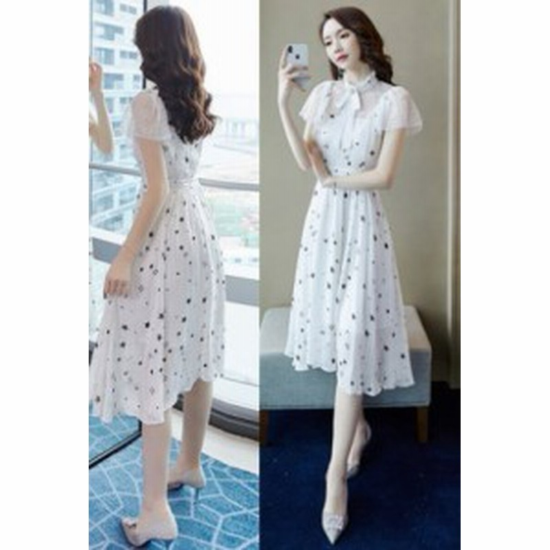 ワンピース レディース 半袖ワンピース シフォンワンピース ハイウエスト スリム 星柄ワンピース 透け感 通販 Lineポイント最大1 0 Get Lineショッピング