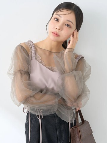 透明感層疊袖設計圓領上衣(1M43L1C0530) - earth music&ecology