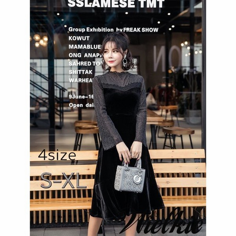 ワンピース シャイニースリーブ 胸元レース 黒ベロア ワンピ 526 通販 Lineポイント最大0 5 Get Lineショッピング