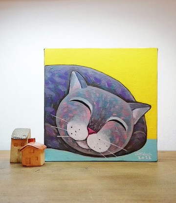 畫布上的貓原畫 15X15cm。睡貓