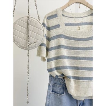 冰絲短袖條紋t恤女2025新款夏高級感大領口方領針織衫法式上衣薄