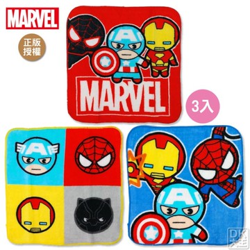 復仇者聯盟 MARVEL純棉小方巾 手帕 (3入組) 合圖款-鋼鐵人/蜘蛛人/美國隊長/黑豹【DK大王】