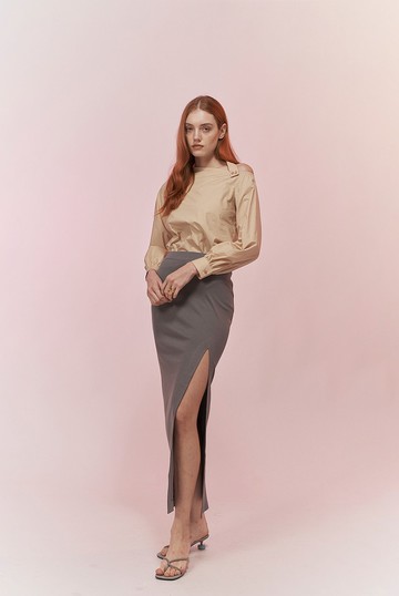 灰色棉針織開衩裙