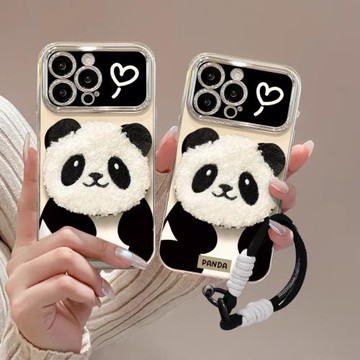 適用于蘋果16promax手機殼新女款iPhone15promax電鍍軟硅膠14plus毛絨熊貓支架掛繩13小眾6D視窗xr保護套11