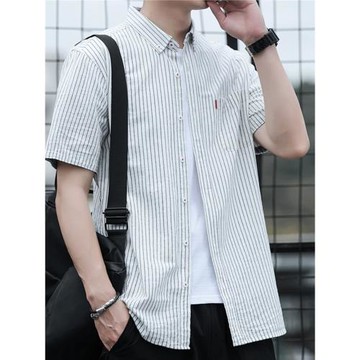 夏季男士條紋白色襯衣棉休閑薄款大碼青年寬松短袖襯衫潮男裝上衣