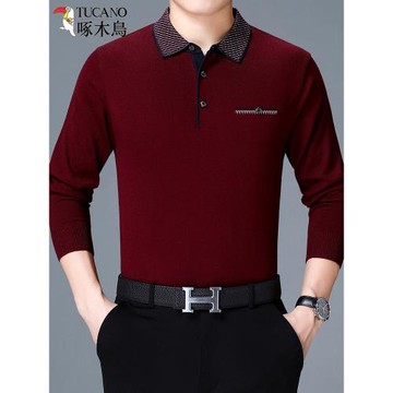 正品啄木鳥爸爸春秋裝純棉長袖t恤寬松中老年男裝本命年體恤上衣