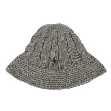 RALPH LAUREN POLO 小馬刺繡LOGO素面羊毛麻花針織漁夫帽-灰色