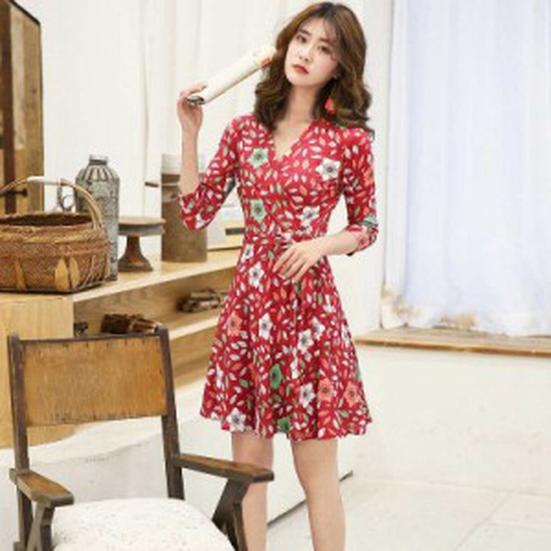 レディース ワンピース 花柄 ボタニカル柄 ミニ丈 ひざ上丈 七分袖 レッド 赤 Xs S M L Xl サイズ 送料無料 通販 Lineポイント最大1 0 Get Lineショッピング
