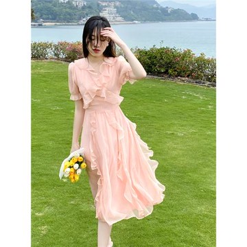 溫柔V領連衣裙女海邊法式高級感荷葉邊顯瘦收腰超仙重工雪紡長裙