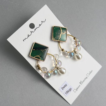 【現貨一件】綠色 兩戴式 酒精墨水藝術 長款耳環 18kgp 極光 金色 獨一無二 世界僅有 適合金屬過敏者