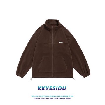 KKyesiou美拉德潮牌棕色立領衛衣外套男女2024春季學院風情侶夾克