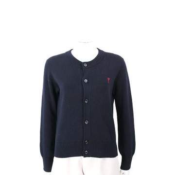 AMI PARIS Red Ami De Coeur 男女共穿 愛心A深藍美麗諾羊毛圓領開襟外套 針織衫