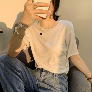 日本三醋酸！2023夏季新款醋酸T恤純色上衣女圓領寬松顯瘦百搭