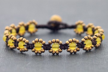 檸檬黃玉串珠編織花手鐲，Macrame黃銅石編織手鍊