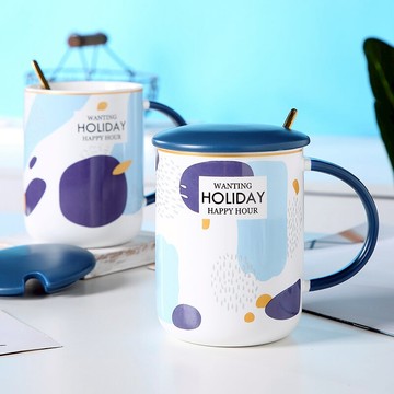 簡約馬克杯帶蓋勺創意個性潮流喝水杯子辦公室陶瓷咖啡杯男女家用