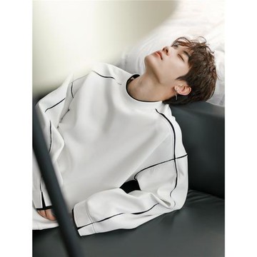 CHICERRO西西里男裝春秋新款白色拼接圓領休閑男生春季長袖衛衣潮