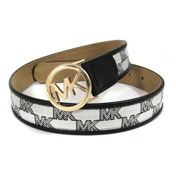 MICHAEL KORS 鏤空大圓標MK Logo緹花皮帶(黑灰色)