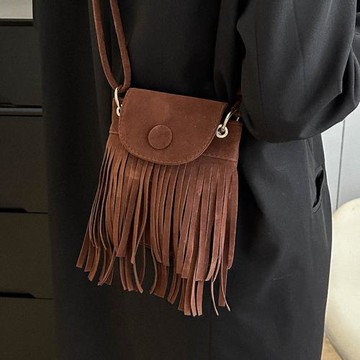 質感雙層流蘇單肩小方包手機包復古港風早秋皮絨磨砂斜挎包