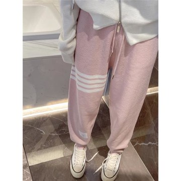 潮牌四道杠tb粉色羊毛針織衛褲女束腳蘿卜褲寬松25秋季新款甜美風