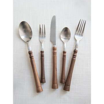 日本進口復古檀木柄不銹鋼餐具家用中古風刀叉勺子茶勺蛋糕叉