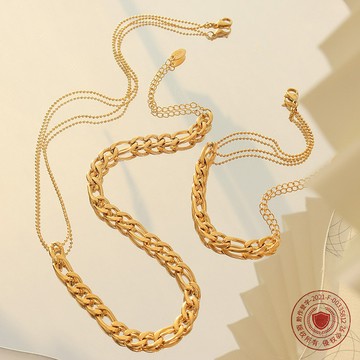 宏雲Hongyun- Xyx-marka風簡約金屬元素雙層圓珠項鍊 鈦鋼18k金手鍊套裝女p153-e055