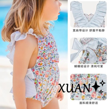 Xuan♥2022新款 兒童泳衣 寶寶泳衣 嬰幼兒泳衣 夏新女童泳衣嬰兒連身吊帶泳衣藍色粉色印花可愛沙灘泳衣