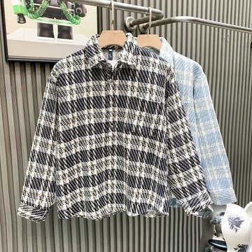 日系復古寬鬆格子翻領長袖襯衫