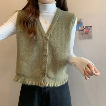秋裝毛衣馬甲針織開衫女春秋新款木耳邊短款背心外搭毛線馬夾