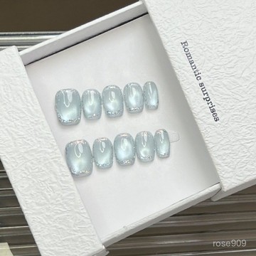 ➕純色美美噠💯手工穿戴甲藍寶石短款玻璃珠細閃貓眼高級感氣質日常簡約顯白美甲純色穿戴甲 8SQB