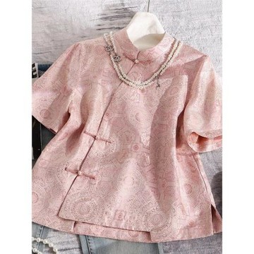 宋錦真絲提花斜襟短袖上衣女夏季新中式國風復古盤扣唐裝粉色襯衫