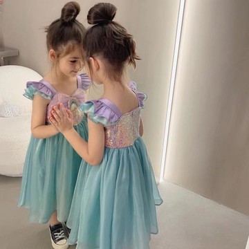 圣誕女童人魚貝殼亮片裙25夏裝兒童美人魚造型網紗裙魚尾生日禮裙