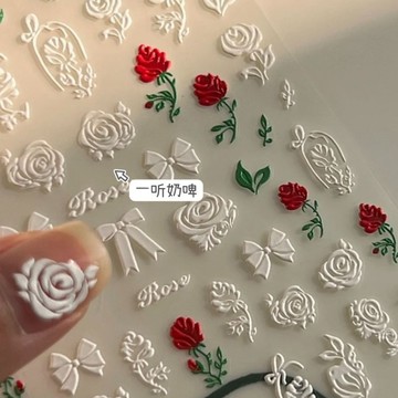 💗台灣出貨💗tomoni白玫瑰美甲貼紙手繪雕花超薄白色玫瑰5D立體浮雕指甲貼裝飾
