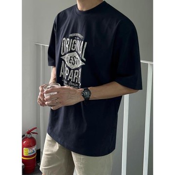 MRCYC設計感印花短袖T恤男士夏季寬松純棉半袖韓系通勤風圓領體恤