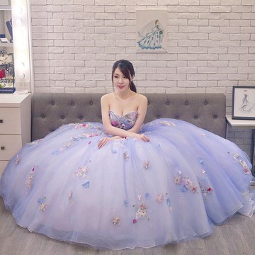 立體花朵雕花馬甲雕塑華麗夢幻婚紗 藍紫